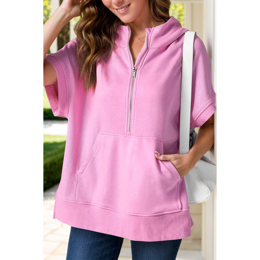 Half Zip Short Sleeve Hoodie Pink / S Apparel and Accessories