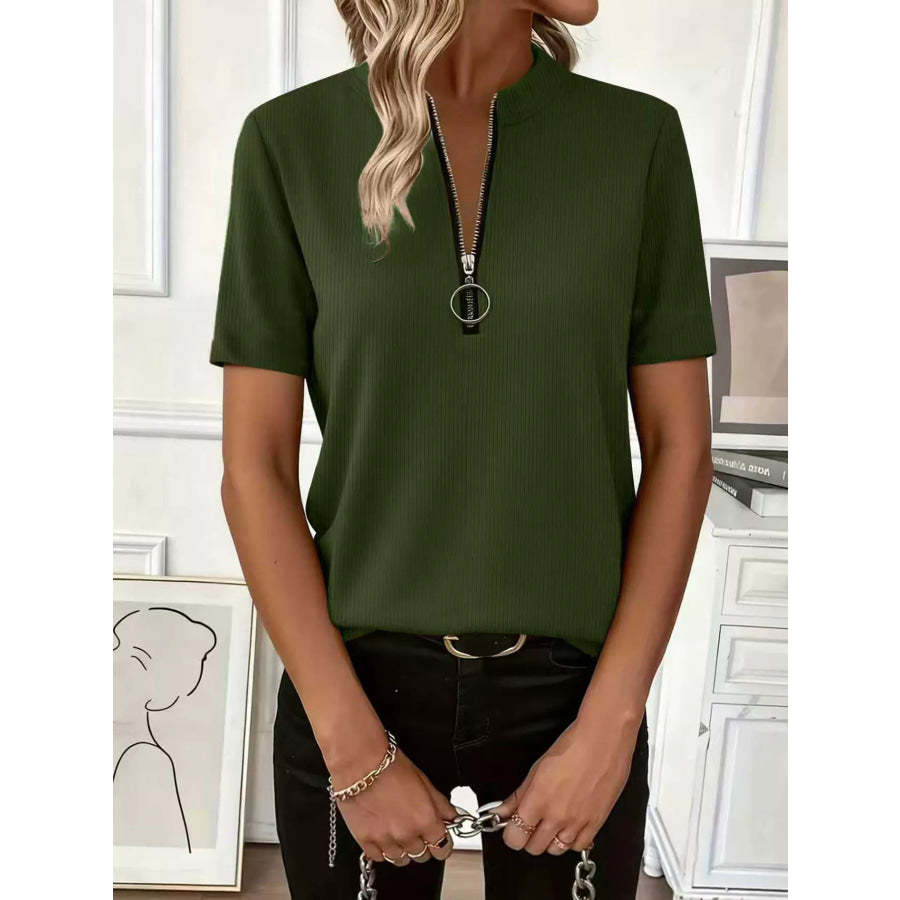 Half Zip Short Sleeve Top Army Green / S Apparel and Accessories