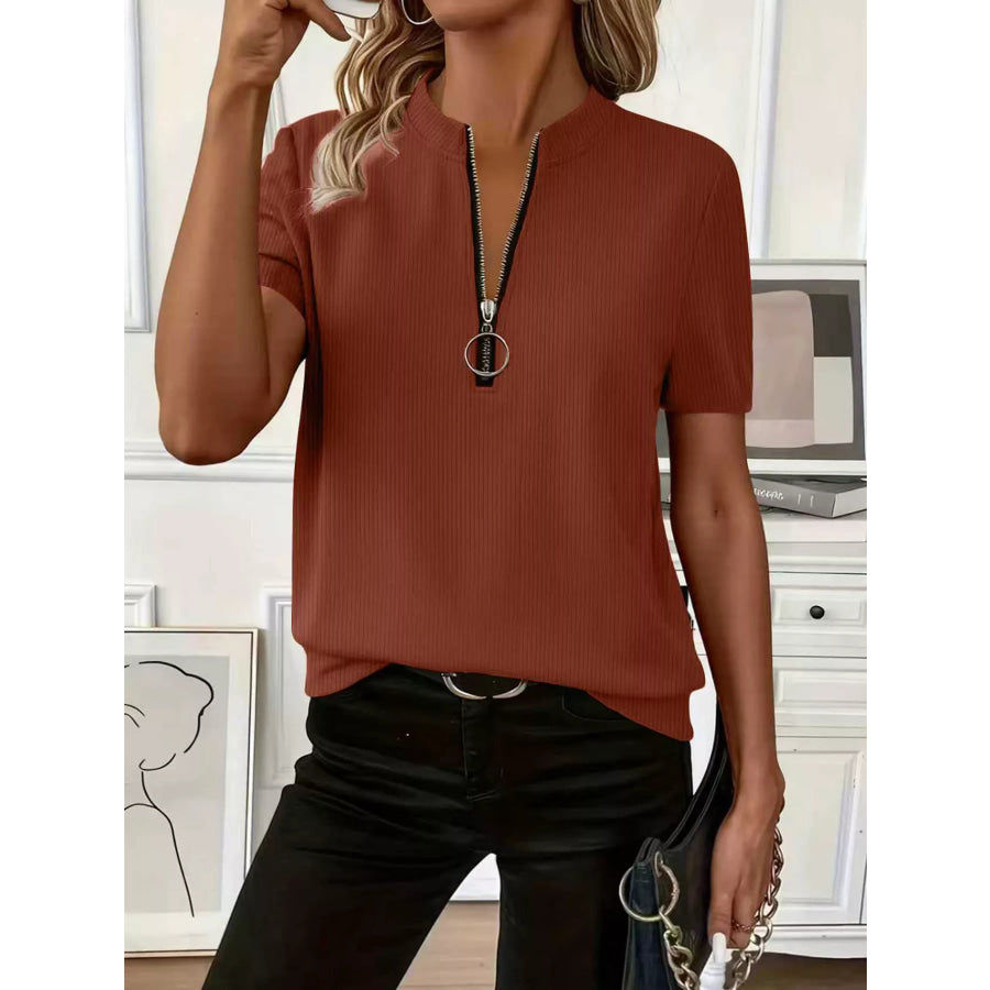 Half Zip Short Sleeve Top Brown / S Apparel and Accessories