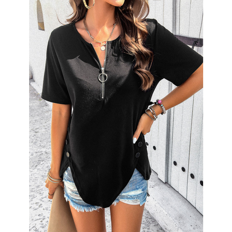Half Zip Half Sleeve T-Shirt Black / S Apparel and Accessories