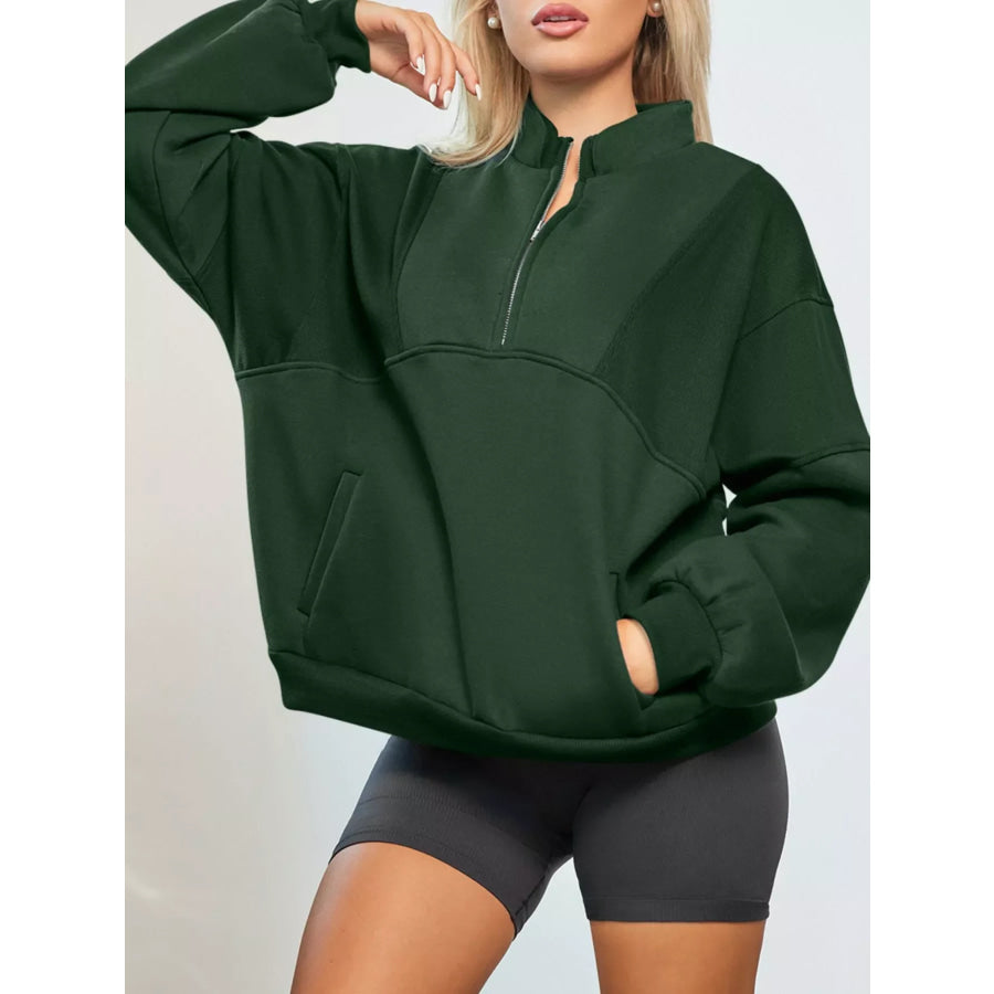 Half Zip Stand Collar Exposed Seam Solid Color Casual Sweatshirt Dark Green / S Apparel and Accessories