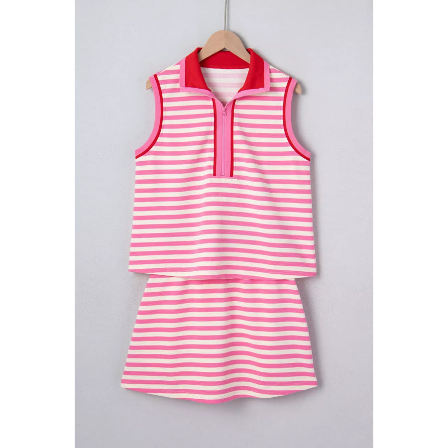 Half Zip Striped Sleeveless Top and Skirt Set Apparel and Accessories