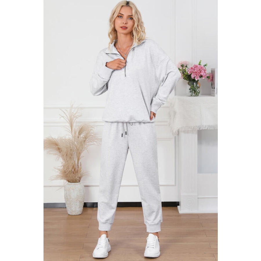 Half Zip Sweatshirt and Drawstring Sweatpants Set Light Gray / S Women’s Fashion Clothing