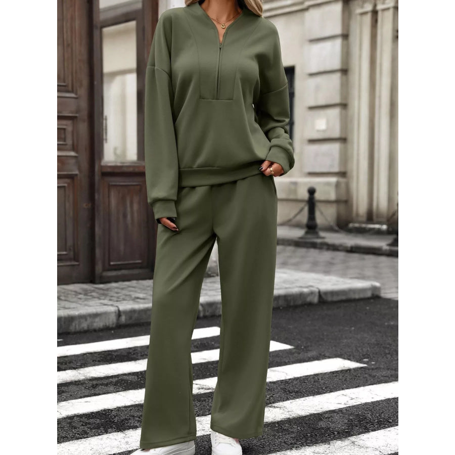 Half Zip Sweatshirt and Wide-Leg Pants Set Army Green / S Apparel and Accessories