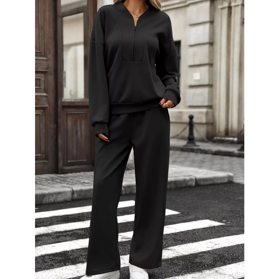Half Zip Sweatshirt and Wide-Leg Pants Set Black / S Apparel and Accessories