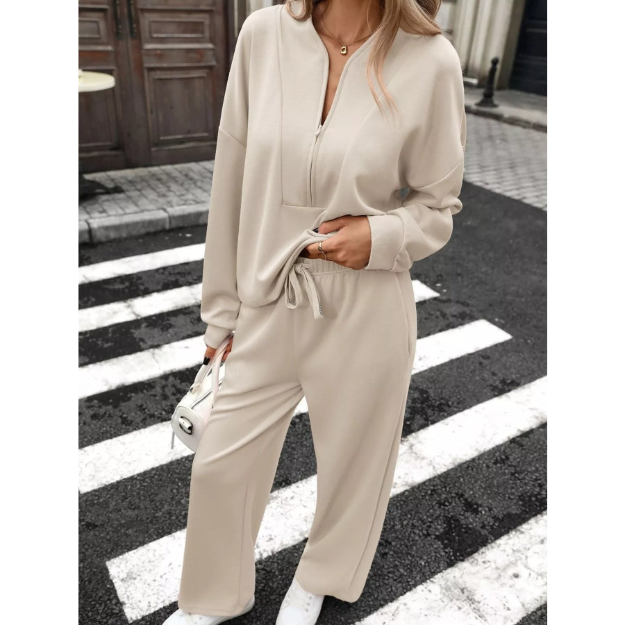 Half Zip Sweatshirt and Wide-Leg Pants Set Cream / S Apparel and Accessories