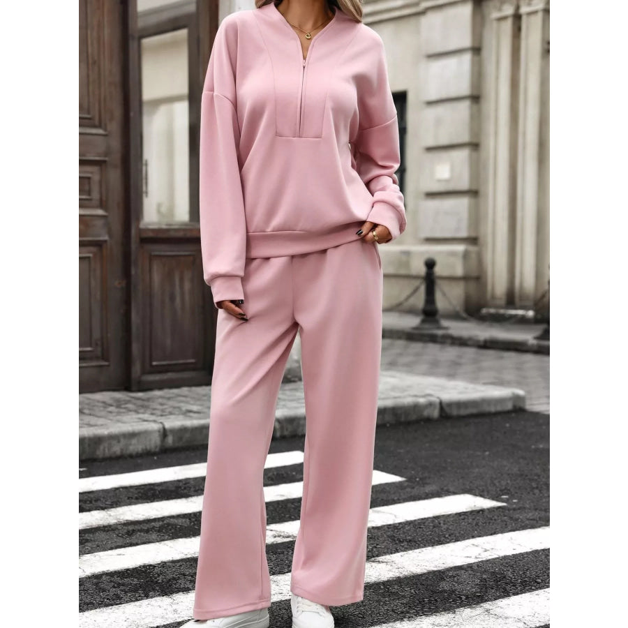 Half Zip Sweatshirt and Wide-Leg Pants Set Pink / S Apparel and Accessories
