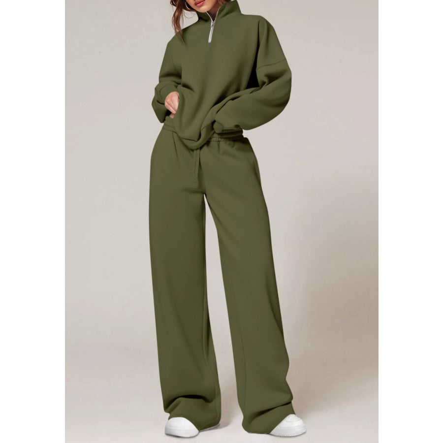 Half-Zip Sweatshirt and Wide-Leg Sweatpants Set Army Green / S