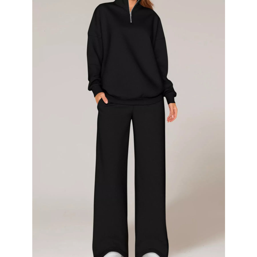 Half-Zip Sweatshirt and Wide-Leg Sweatpants Set Black / S