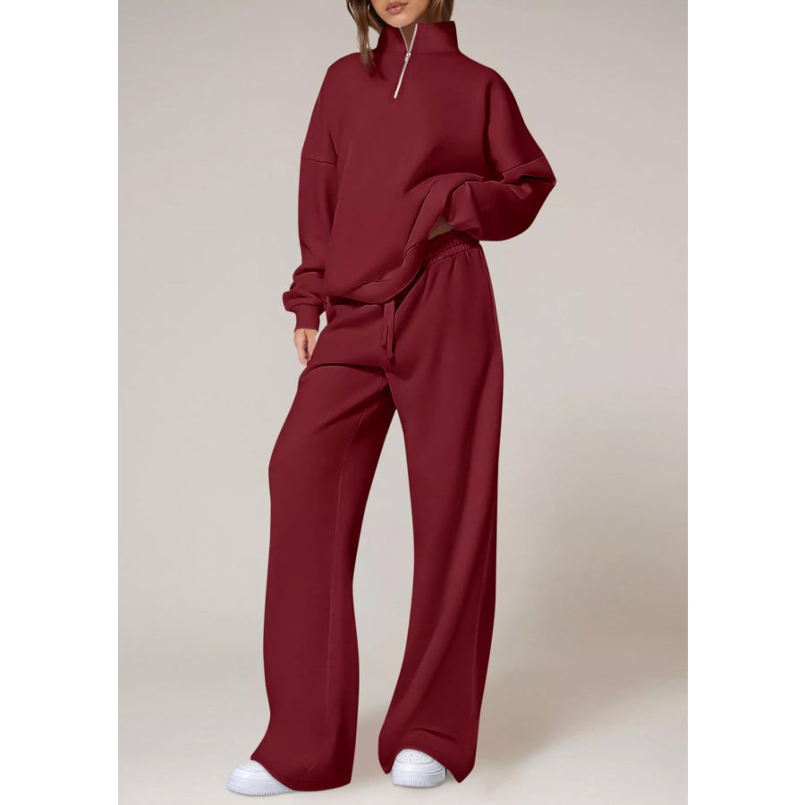 Half-Zip Sweatshirt and Wide-Leg Sweatpants Set Burgundy / S