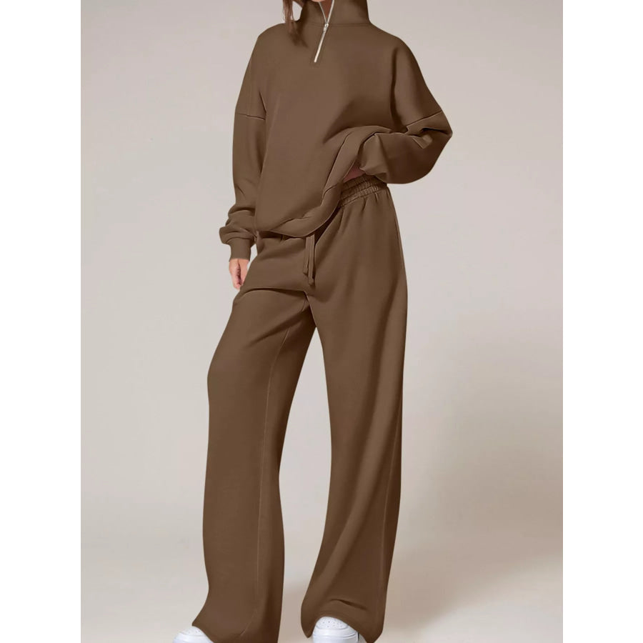 Half-Zip Sweatshirt and Wide-Leg Sweatpants Set Dark Brown / S