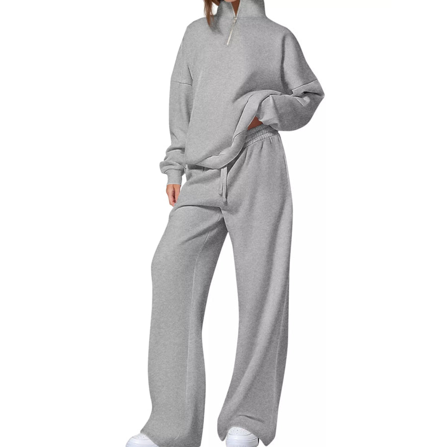Half-Zip Sweatshirt and Wide-Leg Sweatpants Set Light Gray / S