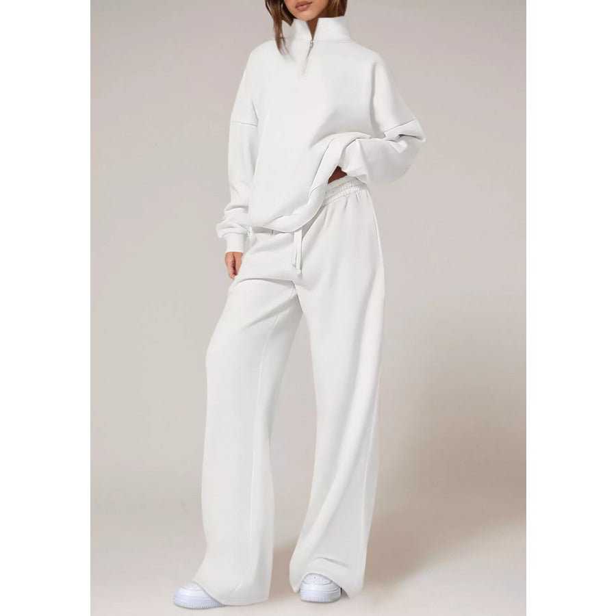 Half-Zip Sweatshirt and Wide-Leg Sweatpants Set White / S