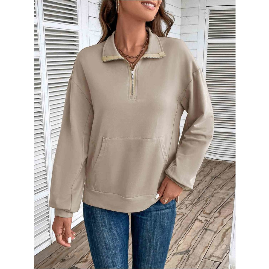 Half Zip Sweatshirt with Pocket Tan / S