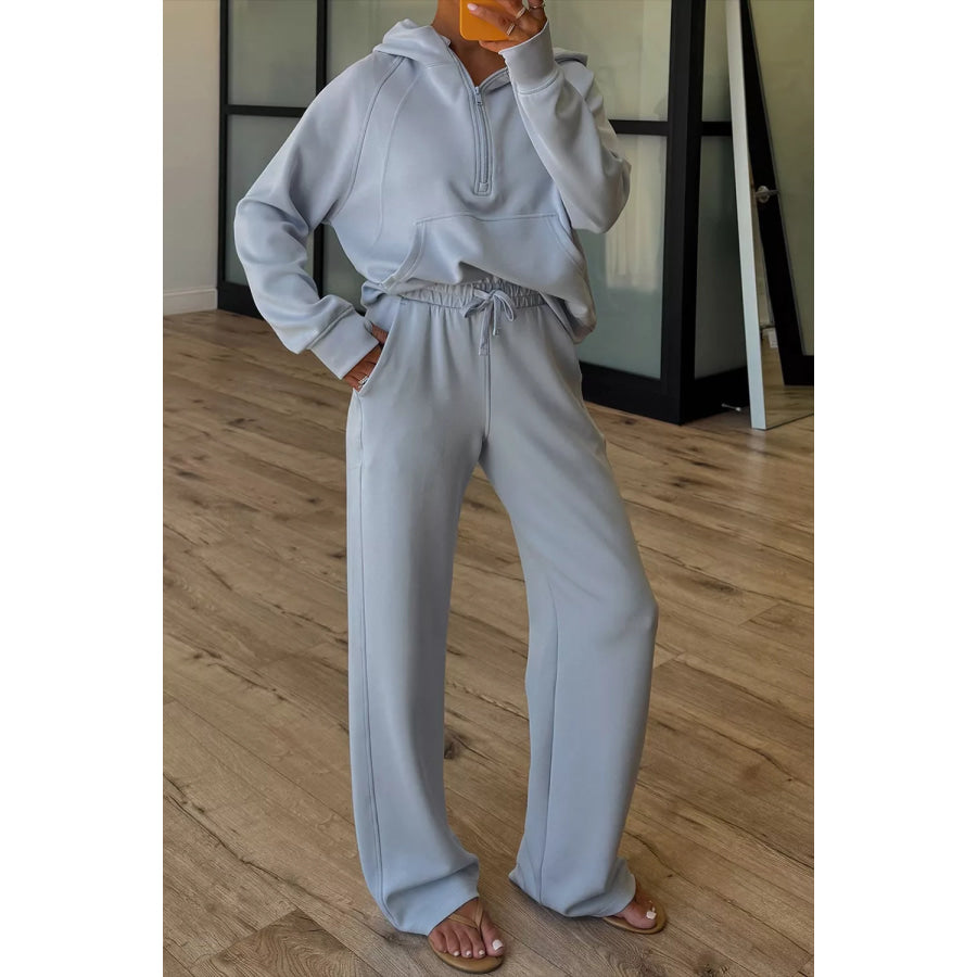 Half Zip Thumbhole Sleeve Hoodie and Pants 2pcs Outfit Light Blue / S Apparel and Accessories