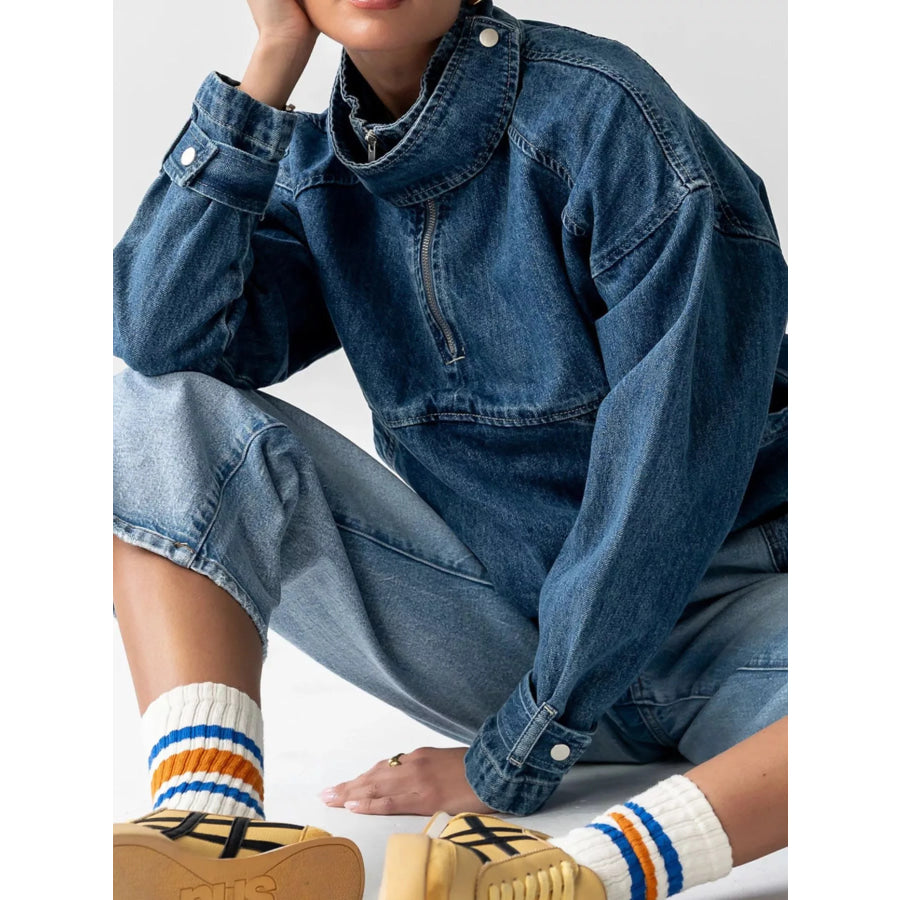 Half-Zip Turtleneck Denim Top Apparel and Accessories