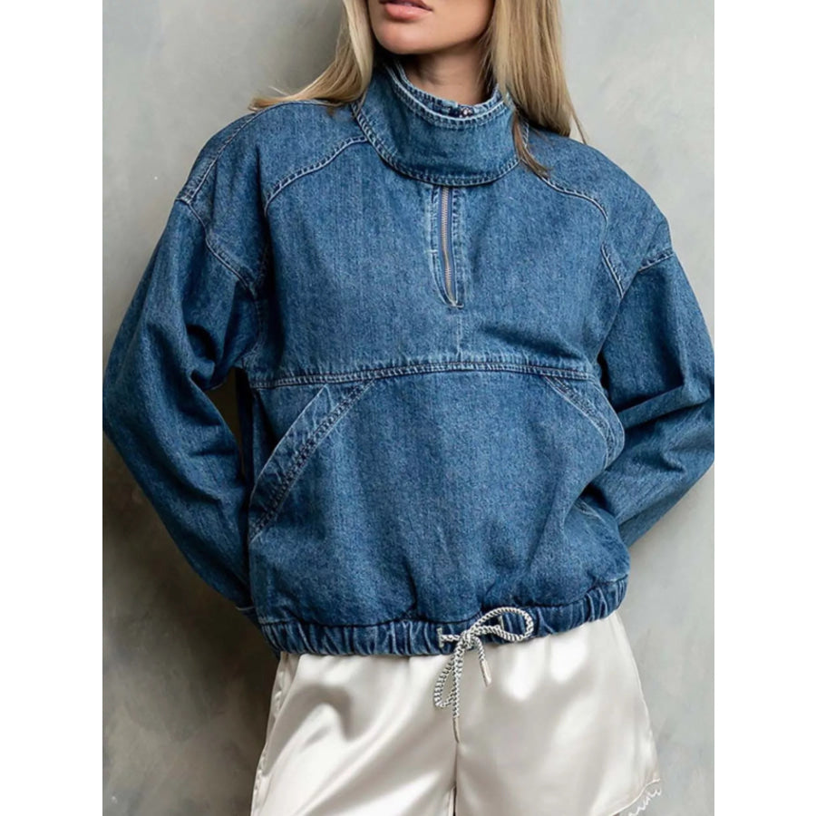 Half-Zip Turtleneck Denim Top Blue / S Apparel and Accessories