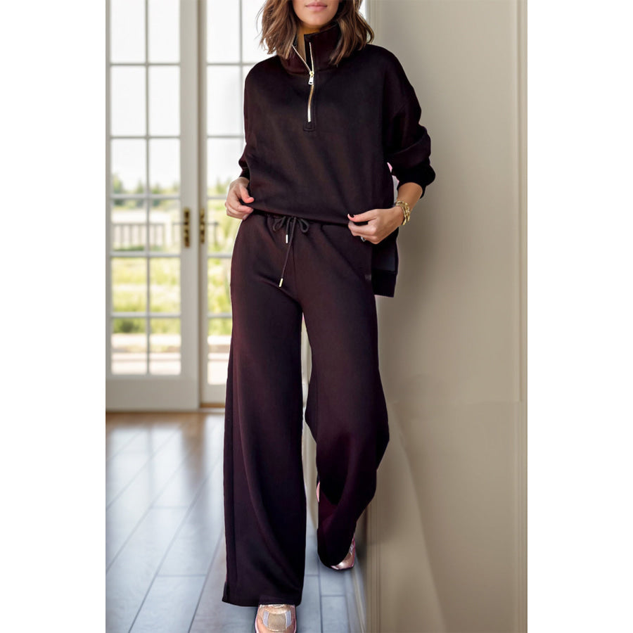 Half Zip Turtleneck Long Sleeve Top and Pants Set Black / S Apparel and Accessories