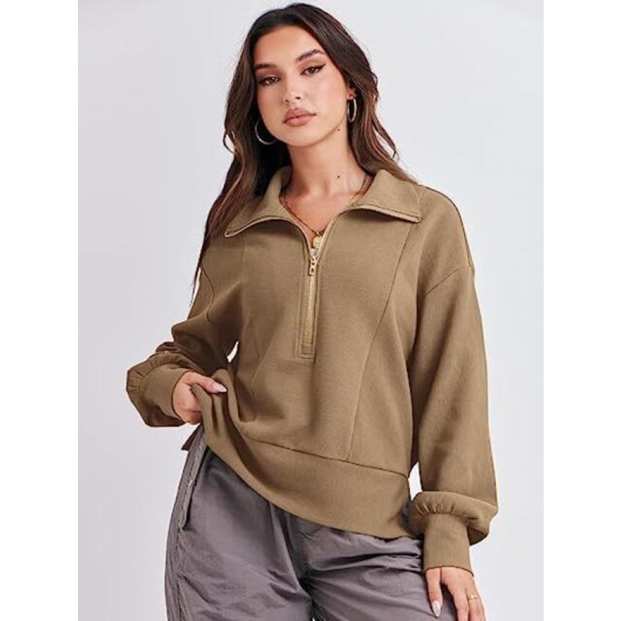 Half Zip Up Collared Sweatshirts Caramel / S Clothing