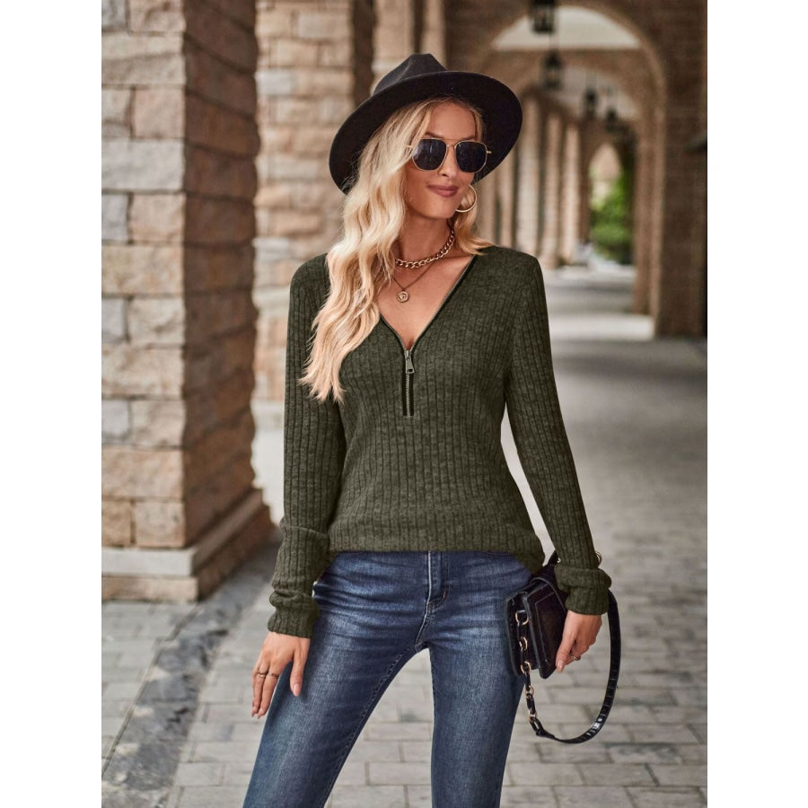 Half-Zip V-Neck Long Sleeve Top Army Green / S