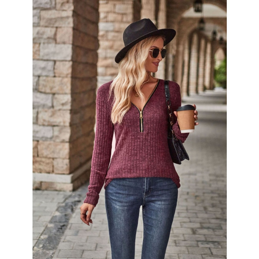 Half-Zip V-Neck Long Sleeve Top Plum / S