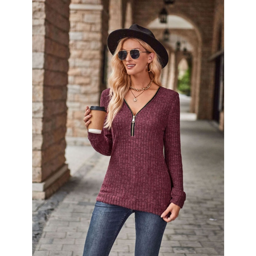 Half-Zip V-Neck Long Sleeve Top