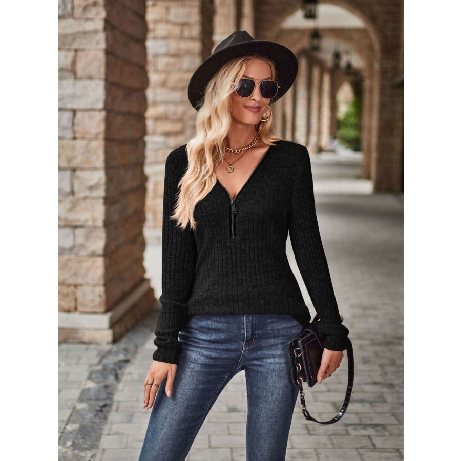 Half-Zip V-Neck Long Sleeve Top