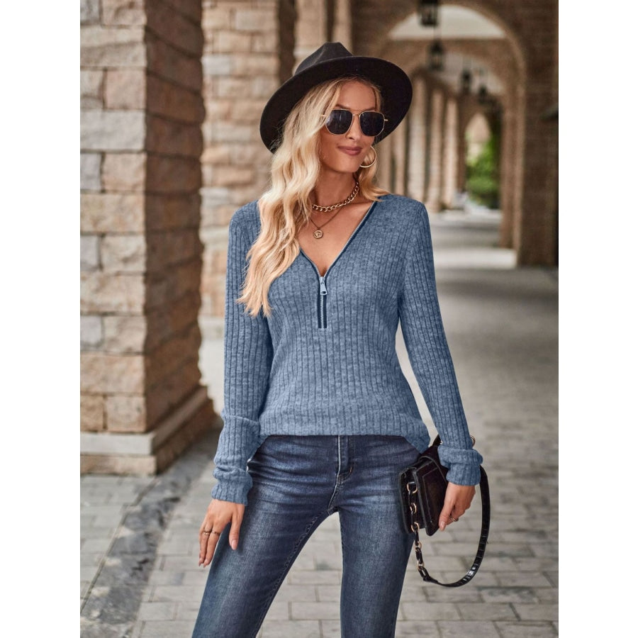 Half-Zip V-Neck Long Sleeve Top