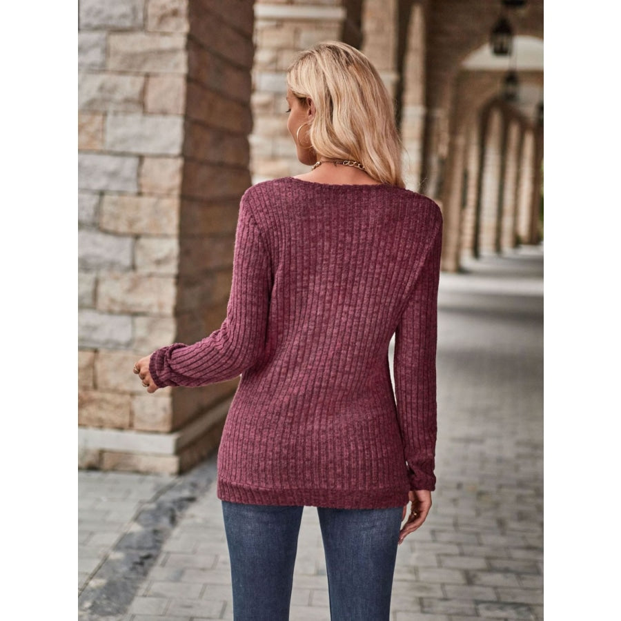 Half-Zip V-Neck Long Sleeve Top