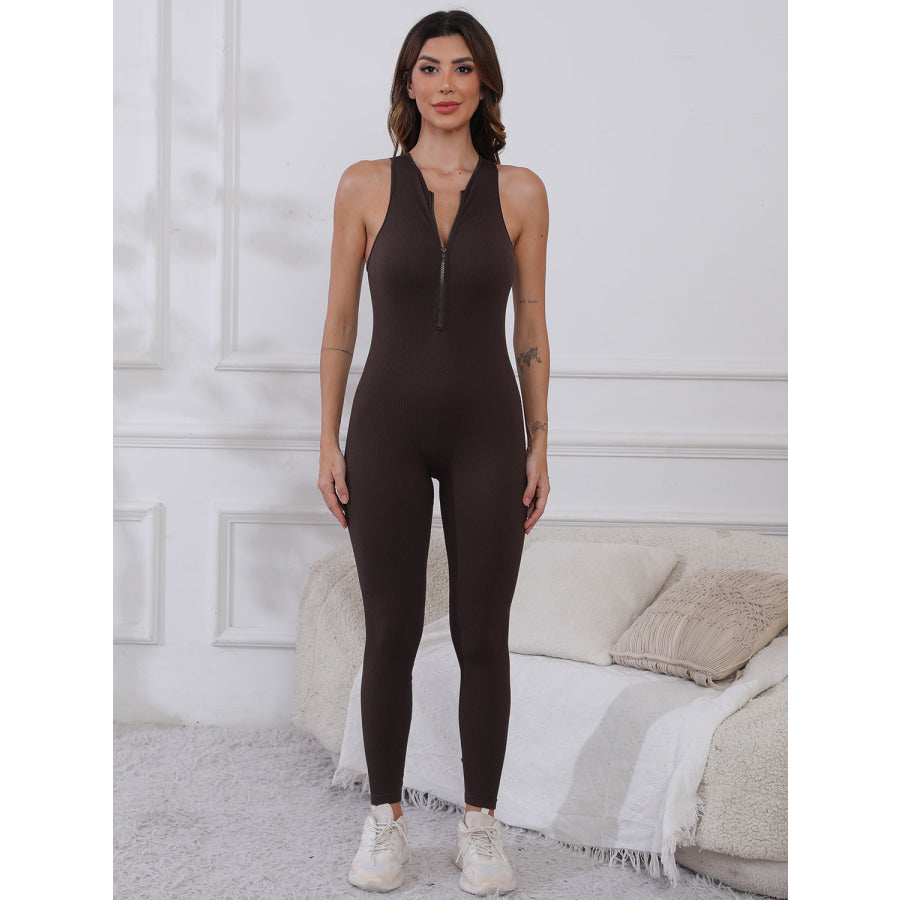 Half Zip Wide Strap Active Jumpsuit Coffee Brown / S Apparel and Accessories