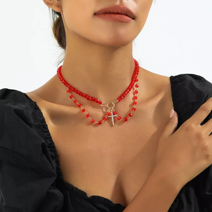 Halloween Beaded Cross Pendant Necklace Red / One Size Apparel and Accessories