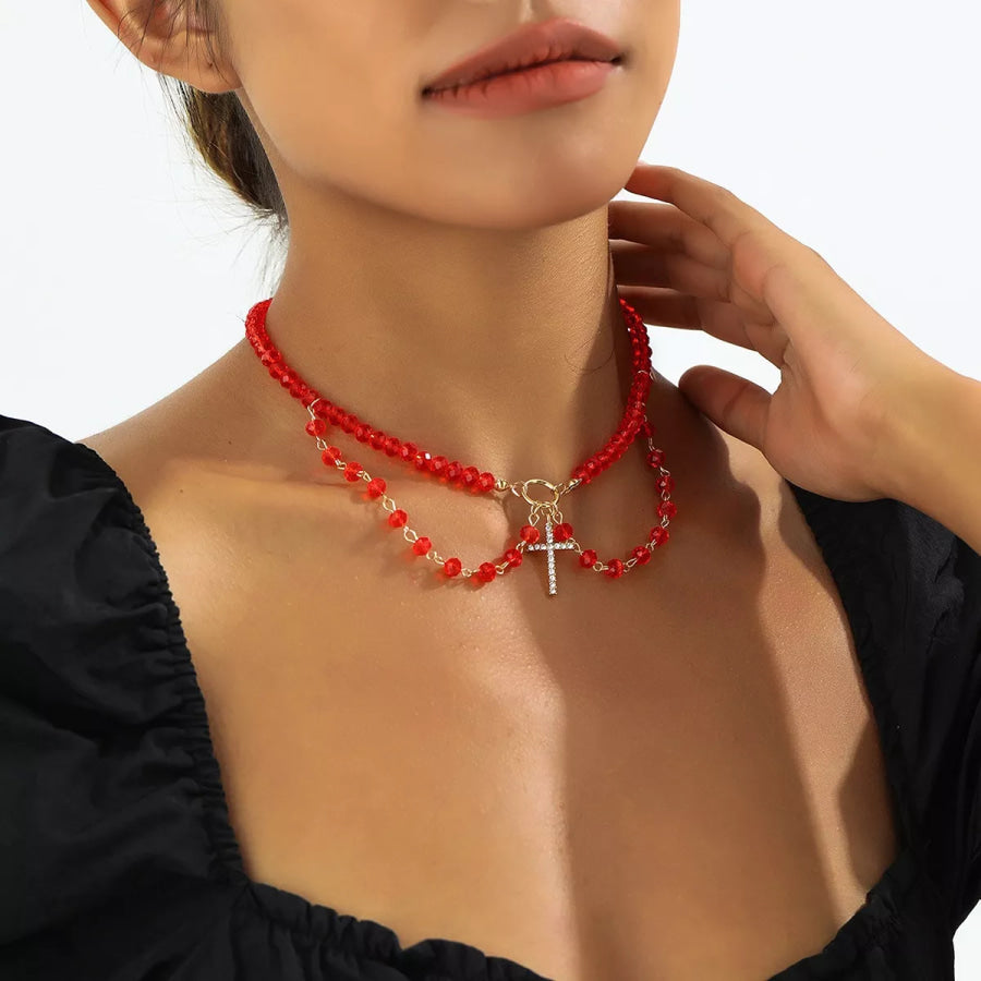 Halloween Beaded Cross Pendant Necklace Red / One Size Apparel and Accessories