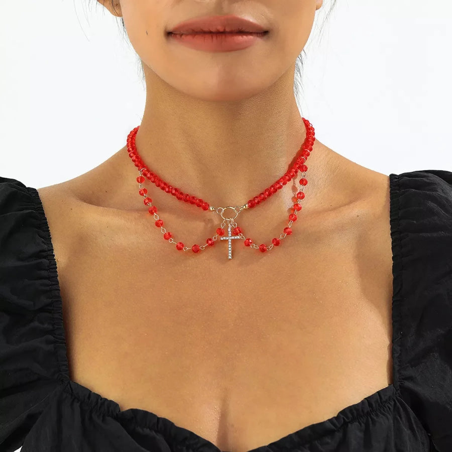 Halloween Beaded Cross Pendant Necklace Red / One Size Apparel and Accessories