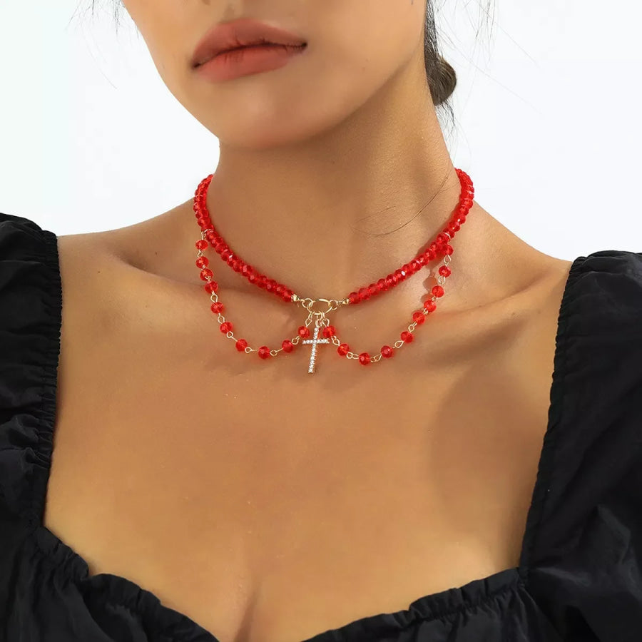 Halloween Beaded Cross Pendant Necklace Red / One Size Apparel and Accessories