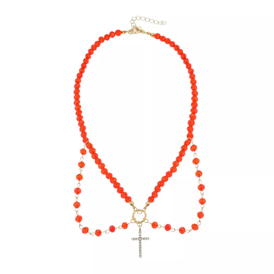 Halloween Beaded Cross Pendant Necklace Red / One Size Apparel and Accessories