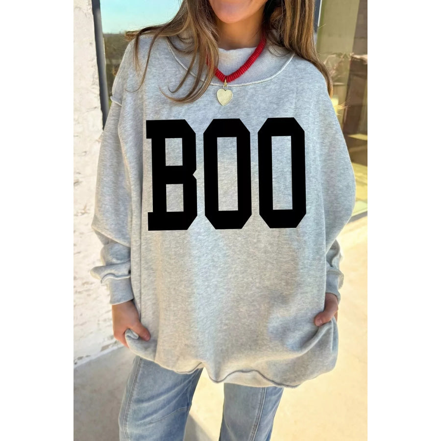 Halloween BOO & Bat Printed Reversible Mock Neck Sweatshirt Light Gray / S Apparel and Accessories