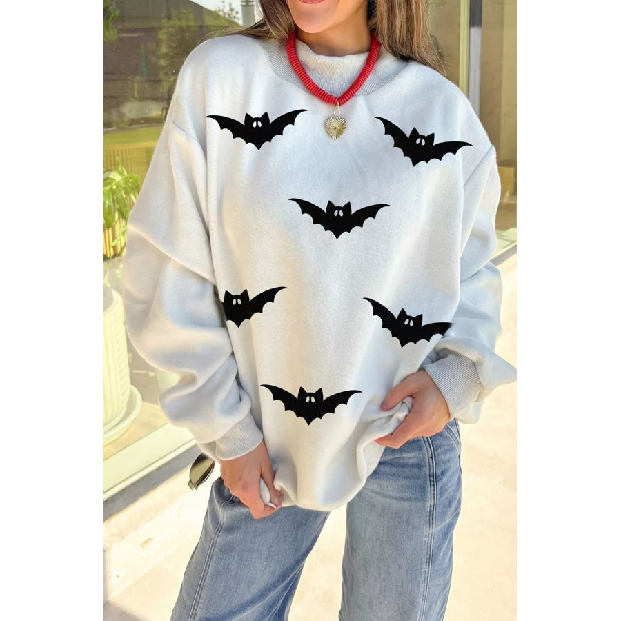 Halloween BOO & Bat Printed Reversible Mock Neck Sweatshirt Light Gray / S Apparel and Accessories