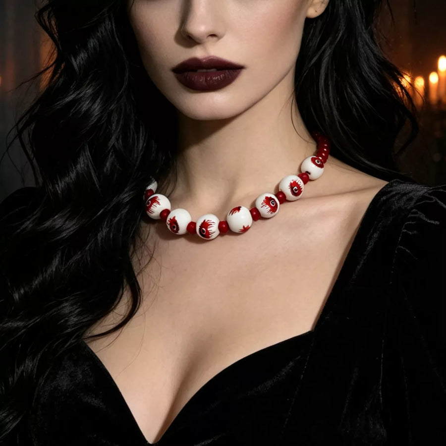 Halloween Eyeball Beaded Necklace Burgundy / One Size Apparel and Accessories