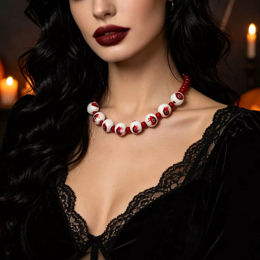 Halloween Eyeball Beaded Necklace Burgundy / One Size Apparel and Accessories