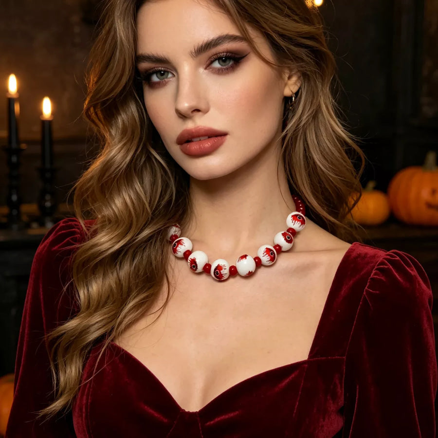 Halloween Eyeball Beaded Necklace Burgundy / One Size Apparel and Accessories