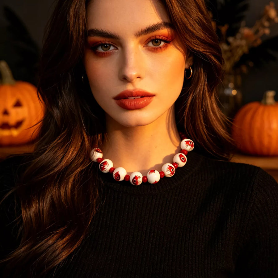 Halloween Eyeball Beaded Necklace Burgundy / One Size Apparel and Accessories