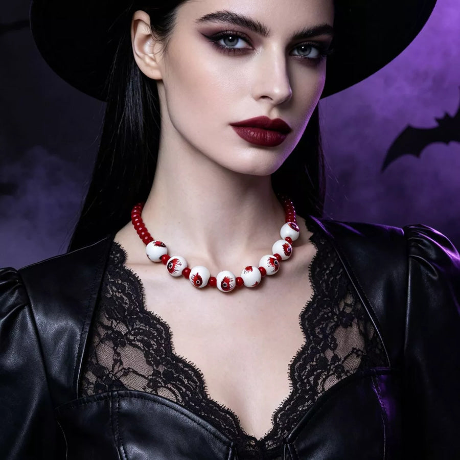 Halloween Eyeball Beaded Necklace Burgundy / One Size Apparel and Accessories
