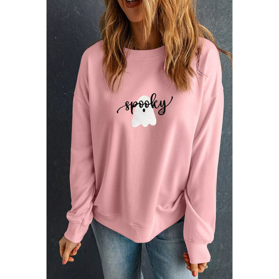 Halloween Ghost Graphic Round Neck Sweatshirt Dusty Pink / S Apparel and Accessories