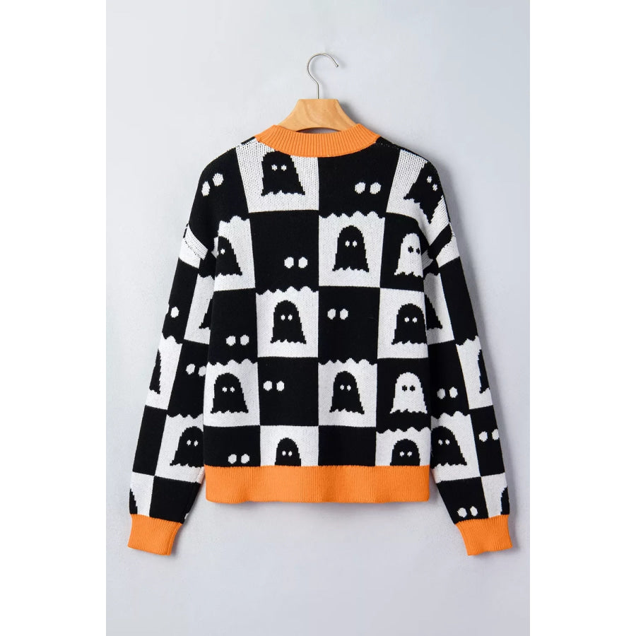 Halloween Ghost Pattern Checkerboard Sweater Apparel and Accessories