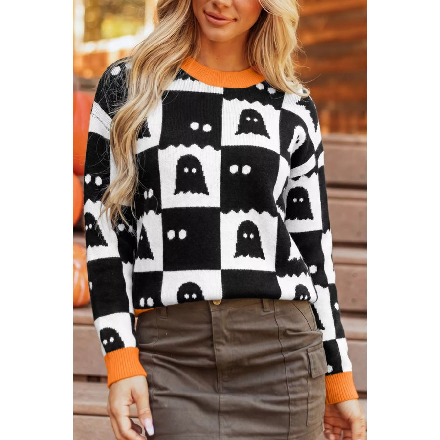 Halloween Ghost Pattern Checkerboard Sweater Apparel and Accessories