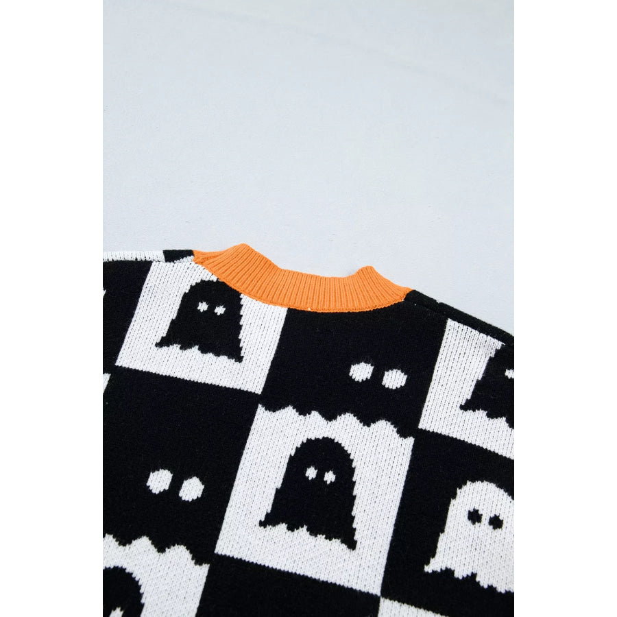 Halloween Ghost Pattern Checkerboard Sweater Apparel and Accessories