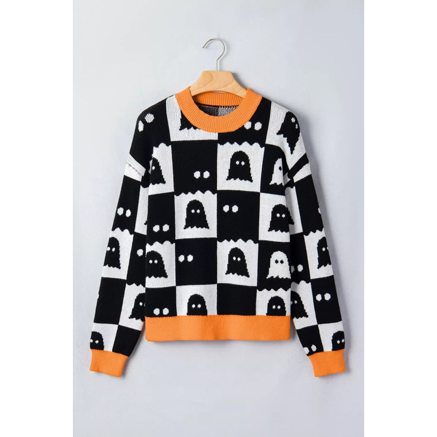 Halloween Ghost Pattern Checkerboard Sweater Apparel and Accessories
