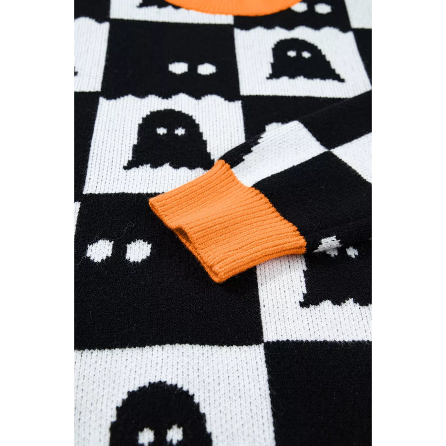 Halloween Ghost Pattern Checkerboard Sweater Apparel and Accessories