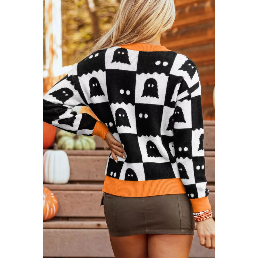 Halloween Ghost Pattern Checkerboard Sweater Apparel and Accessories