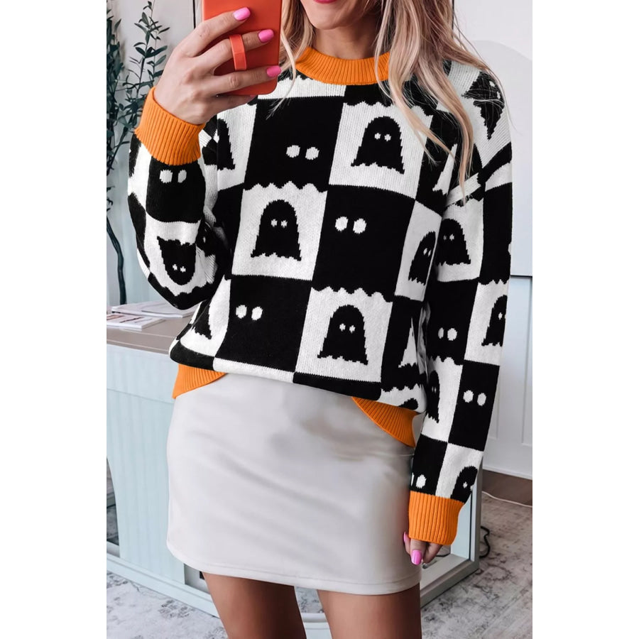 Halloween Ghost Pattern Checkerboard Sweater Apparel and Accessories